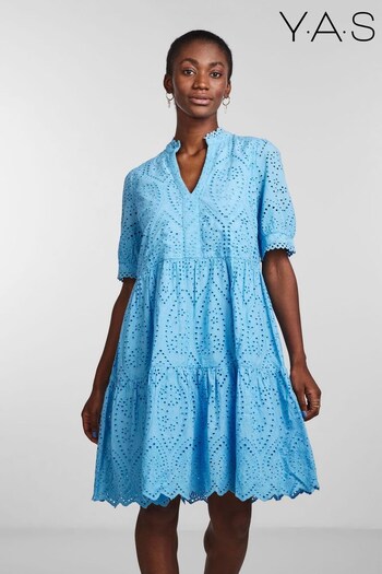 Y.A.S Blue Short Sleeve Broiderie Tiered Dress (K54659) | £75