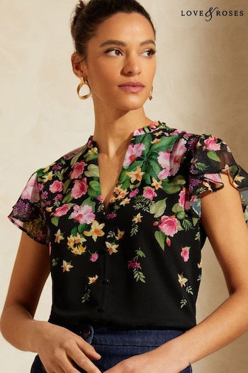 Love & Roses Black Floral Printed Ruffle V Neck Flutter Sleeve Button Up Blouse (K54780) | £35