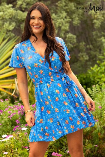 Pour Moi Blue Floral Woven Ecovero Tiered Wrap Dress (K54865) | £36