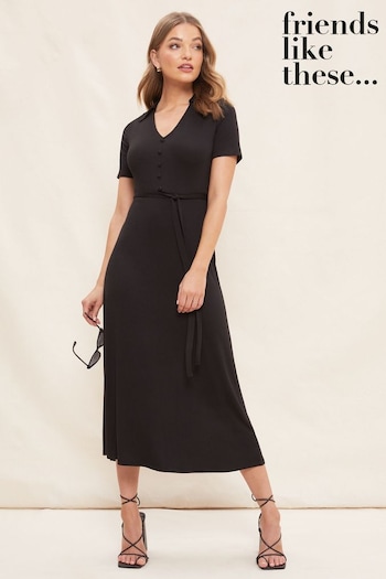 Friends Like These Black Collared Short Sleeve Buttoned Jersey Belted Shirt Dress (K54886) | £34