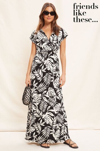 Friends Like These Black/White Tropical Short Sleeve Wrap V Neck Tie Waist Maxi Dress (K54888) | £23