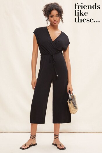 Pyjamas & Nightwear Black Wrap Culotte Short Sleeve Jersey Summer Jumpsuit (K54890) | £32