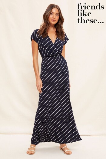 Races Must Haves Navy Print Short Sleeve Wrap V Neck Tie Waist Summer Maxi Dress (K54899) | £36