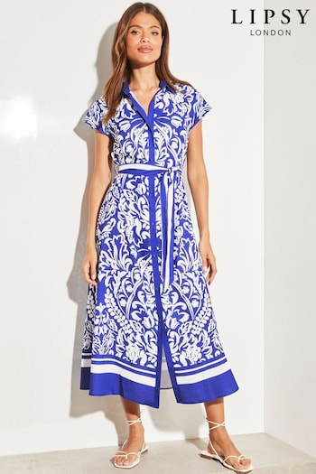 Lipsy Blue Tile Print Sleeveless Belted Midi england Shirt Dress (K54943) | £52