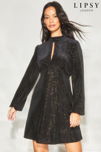 Lipsy Black Hotfix Velvet Long Sleeve High Neck Key Hole Mini Dress (K54945) | £58