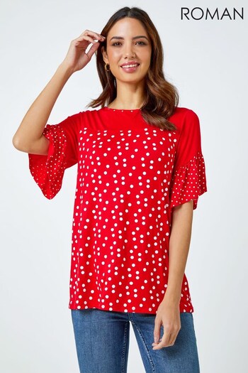 Roman Red Contrast Spot Frill Sleeve T-Shirt (K54985) | £26