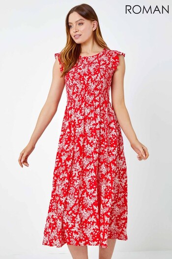 Roman Red Floral Print Shirred Midi Dress (K55028) | £40