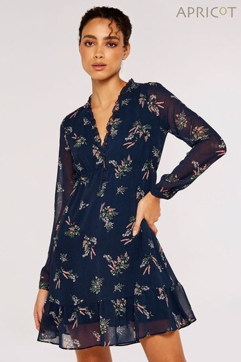 Apricot Navy Blue Floral Bunches Ditsy Ruffle Dress (K55070) | £29
