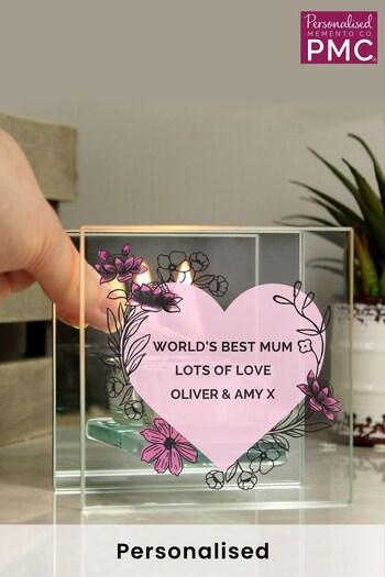 Personalised Floral Heart Mirrored Glass Tea Light Holder by PMC (K55097) | £15