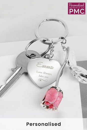 Personalised Silver Plated Pink Rose Keyring by PMC (K55106) | £12