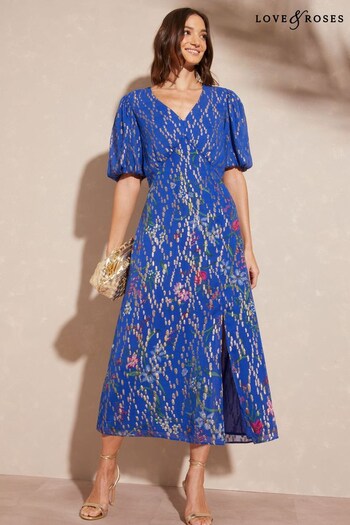 Love & Roses Cobalt Blue Printed Puff Sleeve V Neck Metallic Midi Dress (K55116) | £75