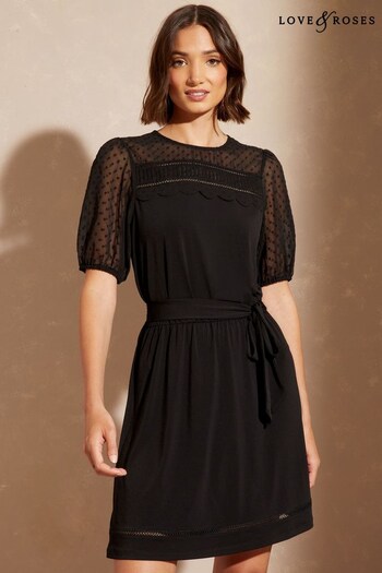Love & Roses Black Petite Jersey Dobby Mix Puff Sleeve Mini Dress (K55119) | £43