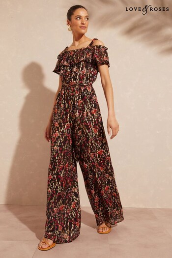 Love & Roses Black Floral Metallic Printed Off Shoulder Cami Bardot Jumpsuit (K55124) | £56