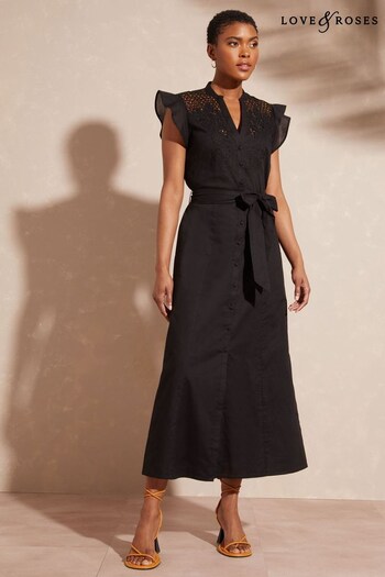 Love & Roses Black Lace Insert Flutter Sleeve Belted Midi Dress (K55125) | £48