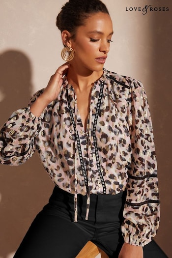 Love & Roses Pink Animal Ruffle Neck Lace Trim Long Sleeve Button Through Blouse (K55146) | £39
