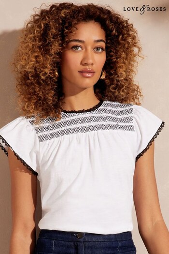 Love & Roses Black/White Shirred Lace Trim Jersey Top (K55148) | £24