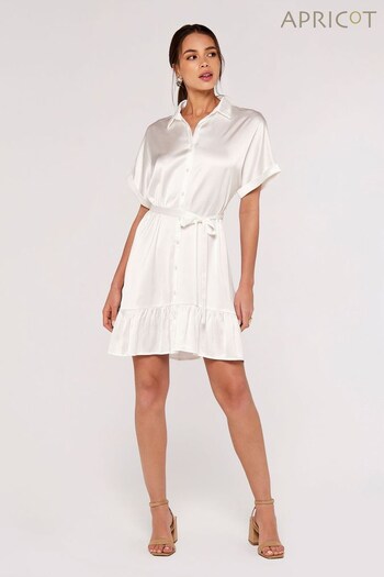 Apricot White Ruffle Hem Satin Shirt Dress (K55216) | £39
