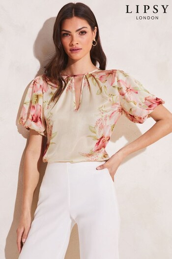 Lipsy Ivory Floral Short Puff Sleeved Keyhole Top (K55248) | £35