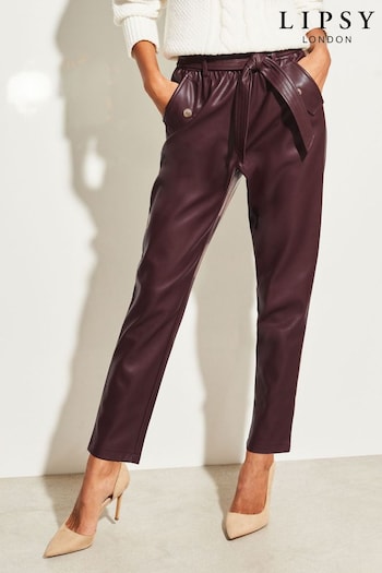 Lipsy Berry Red Faux Leather Military Button Paperbag fit Trousers (K55280) | £48