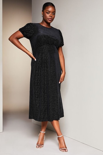 Lipsy Black Velvet Curve Jersey Puff Short Sleeve Underbust Summer Midi Dress (K55322) | £75