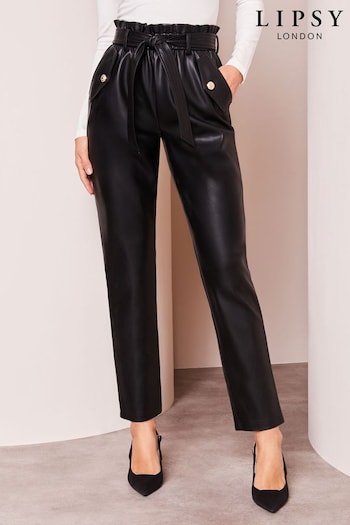 Lipsy Black Petite Faux Leather Military Button Paperbag Trousers leg (K55323) | £48