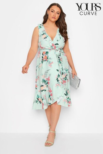 Yours Curve Green London Floral Sleeveless Double Ruffle Wrap Dress (K55354) | £56