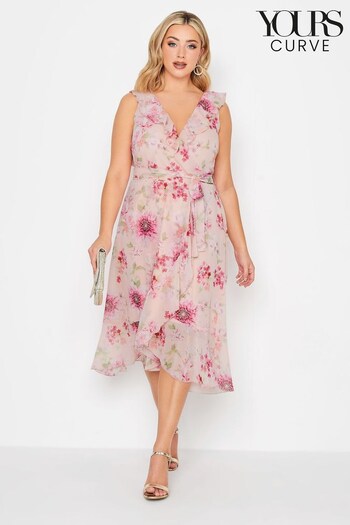 Yours Curve Pink London Floral Double Ruffle Wrap Dress (K55380) | £56