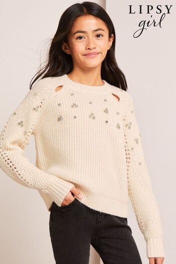 Lipsy Cream Embellished Cut Out Knitted Jumper (K55431) | £30 - £38