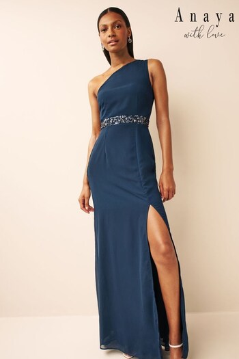 Anaya With Love Navy Blue One Shoulder Maxi Dress With Embellished Waistband (K55472) | £85