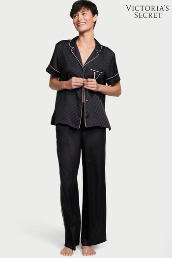 Victoria's Secret Black Short Sleeve Satin Long Pyjamas (K55527) | £69