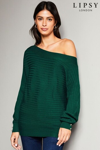 Lipsy Green Ribbed Off The Shoulder Knitted Jumper (K55559) | £28