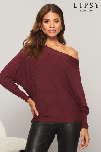 Lipsy Berry Red Red Ribbed Slash Neck Knitted Jumper (K55560) | £28
