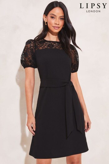 Lipsy Black Lace Puff Sleeve Belted Shift Dress (K55638) | £35