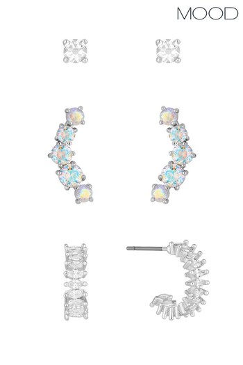 Mood Silver Crystal And Aurora Borealis Stone Climber And Mixed Earrings - Pack of 3 (K55650) | £16