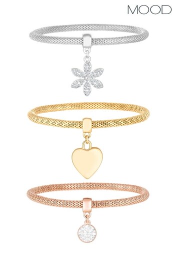 Mood Silver Tri Tone Crystal And Pearl Flower Charm Mesh Bracelet - Pack of 3 (K55655) | £16