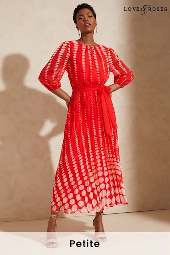 Love & Roses Red Polka Dot Petite 3/4 Sleeve Printed Pleated Belted Midi Dress (K55749) | £43