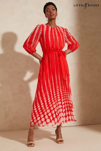 Explore Fit & Measure Guide Red Spot 3/4 Sleeve Printed Pleated Belted Midi Dress (K55753) | £70