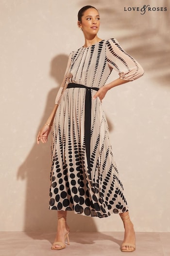 Suncare & Tanning Black Spot 3/4 Sleeve Printed Pleated Belted Midi Dress (K55757) | £72