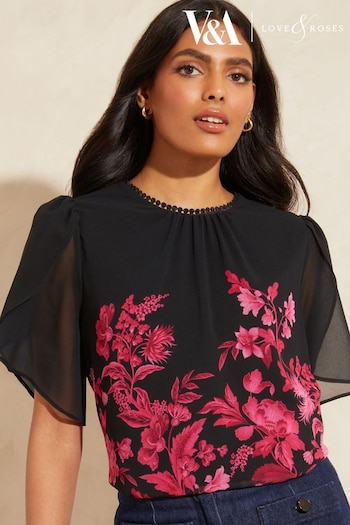 V&A | August Top Picks Black Floral Tulip Sheer Sleeve Lace Trim Blouse Top (K55797) | £38