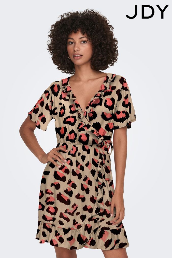 Cream black and pink leopard print frill wrap dress top