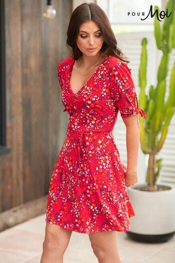 Pour Moi Red Floral Bella Slinky Recycled Stretch Tie Sleeve Tea Dress (K55884) | £45