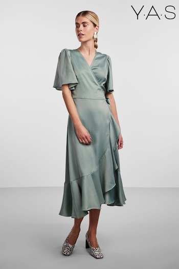 Y.A.S Sage Satin Short Sleeve Wrap & Ruffle Midi Occasion Dress (K55927) | £75