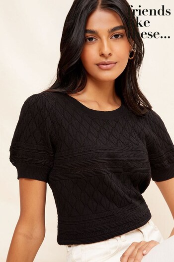 Friends Like These Black Crew Neck Puff Sleeve Pointelle Knitted Jumper (K56136) | £32