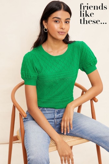 Friends Like These Green Crew Neck Puff Sleeve Pointelle Knitted Jumper (K56137) | £32