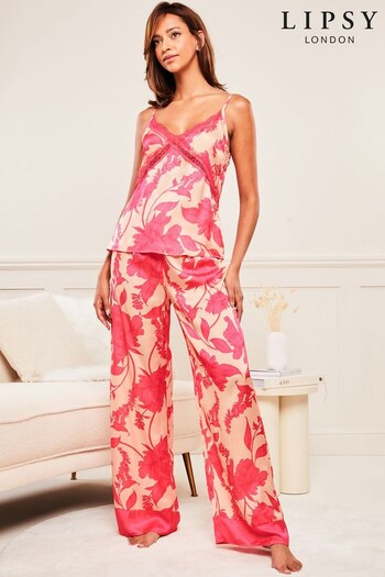 Lipsy Pink Printed Satin Cami Trousers Pyjamas (K56169) | £39