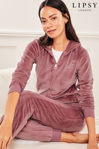 Lipsy Rose Pink Embroidered Patch Velour Zip Up Hoodie (K56196) | £28