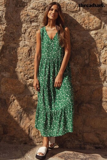 Threadbare Green Sleeveless V-Neck Tiered Midi Dress (K56245) | £32