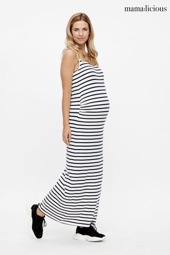 Mamalicious Navy Blue and White Maternity Stripe Jersey Summer Maxi Dress (K56268) | £29