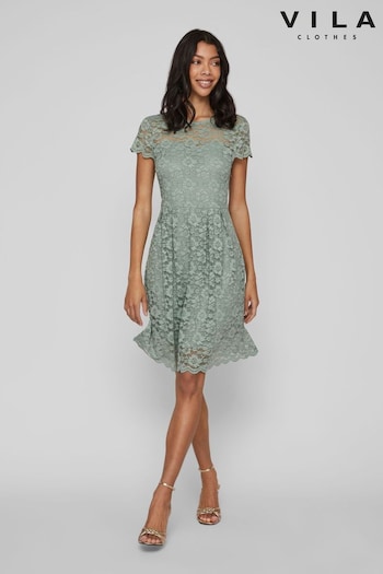 VILA Sage Green Short Sleeve Lace Pleated Occasion Dress (K56288) | £38