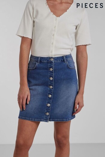 PIECES Medium Blue Button Front Denim Skirt (K56303) | £26